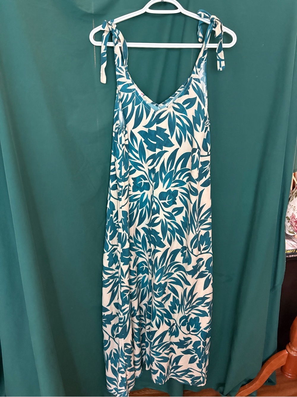 Teal and White Leaf-Print Sundress